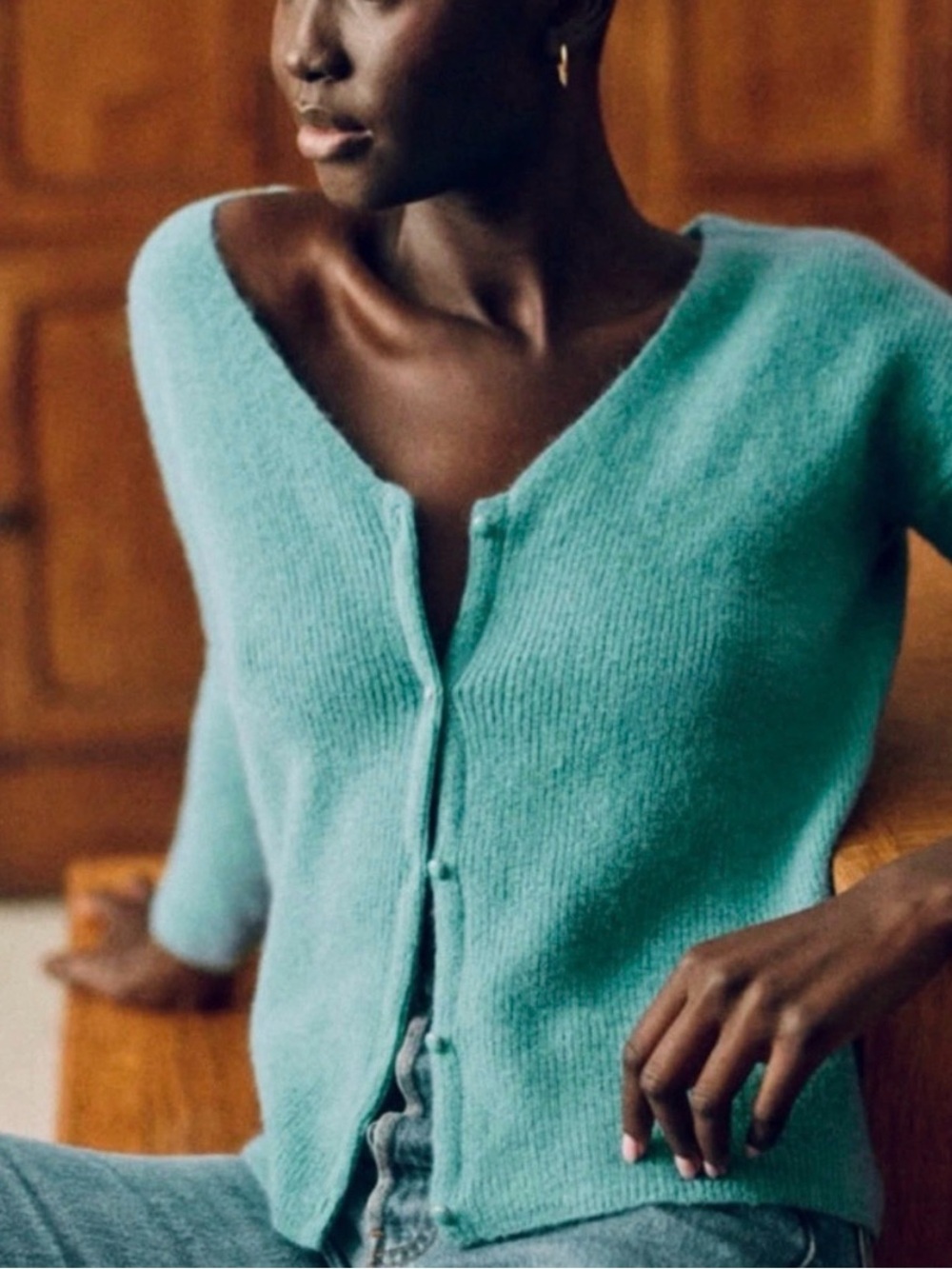 Sezane Aqua Blue V-Neck Button Cardigan